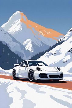 a painting of a white car driving down a snow covered road with mountains in the background