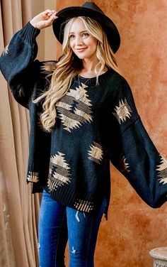 Holy CUTENESS!😍 Everyone’s favorite sweater is now available in a new sparkly festive print, and it is GORGEOUS! Featuring a chic black background with Aztec print in a shimmery metallic gold, this cozy sweater is made of a warm chunky knit, with trendy puffy sleeves and a beautiful flattering fit! Looks fabulous paired with denim skinnies, black leather leggings or flares for a fun & fabulous winter outfit! Relaxed, loose fit. If in between, choose your smaller size. S/M 6-10 M/L 12-16 Poly/sp Chic Gold Winter Sweater, Oversized Black Jacquard Knit Sweater, Chic Gold Sweater For Fall, Festive Knit Sweater For Fall, Fall Party Knit Sweater, Knit Sweater For Fall Party, Knit Sweater For Party In Fall, Fall Black Jacquard Knit Sweater, Cozy Black Jacquard Knit Sweater