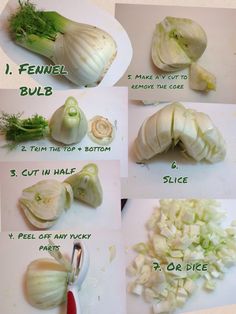 instructions for how to cut an onion on a cutting board with knifes and herbs