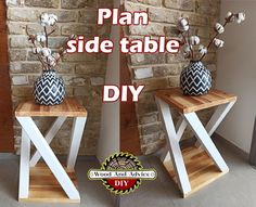 two wooden tables with vases on them and the words plan side table diy