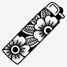 a black and white drawing of a skateboard with flowers on it