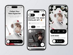 three smartphones displaying the app design for an art project, including two screens and one with