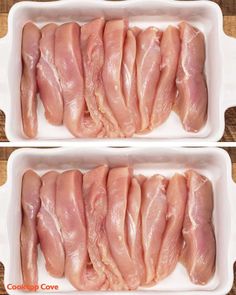 two white trays filled with raw chicken on top of a wooden table