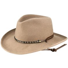 3 1/4" brim 3 3/4" round oval cassidy crown Treated wool material that is durable Shape retentive Water repellent Made in the U.S.A Our Columbia LiteFelt® Outback is a low-profile pinch front Cassidy crown hat featuring our shape retentive, water repellent, durable LiteFelt® material. The Wind River by Bailey® Columbia Outback features a wrapped leather hatband that goes through the brim and turns into a chinstrap with a wooden bead adjuster. Although it is not lined, it is finished with a Dri-L Outback Hat Men, Bailey Hats, Borsalino Hats, Columbia Hat, Outback Hat, Western Shop, Wind River, Luxury Hats, American Frontier