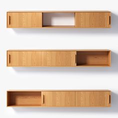 three empty wooden shelves against a white wall