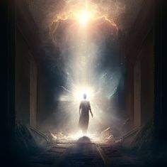 a man is standing in the middle of a tunnel with light coming from his head