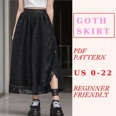 This is an easy gothic skirt pdf sewing pattern. You can use this pattern to make halloween costumes or everyday skirts. All you need is be creative and play with colors and fabrics. This midi skirt sewing pattern is beginner-friendly. It includes detailed sewing instructions to ensure that everyone can easily follow along. This easy sewing pattern is available in 12 sizes, from US 0 to US 22. You can print the pattern at home using A4 or US Letter paper, or at a copy shop using the A0 format. T Witch Skirt Pattern, Gothic Sewing Patterns, Goth Sewing Patterns, Goth Sewing, Midi Skirt Sewing, Midi Skirt Sewing Pattern, Make Halloween Costumes, Witchy Pattern, Halloween Sewing Patterns