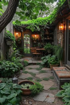 an outdoor patio with lots of greenery and potted plants