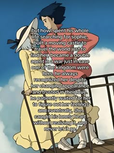 an anime character sitting on top of a railing with a caption in the background