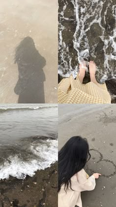 two pictures one with a woman's shadow and the other with her feet in the water