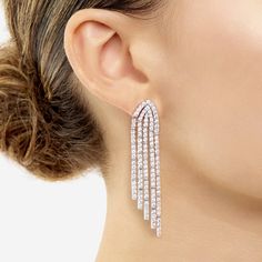 Strings of sparkling diamonds delicately hang at graduating lengths in these striking statement earrings. Waterfall Earrings, Necklace Length Guide, Bracelet Size Chart, Diamond Heart Ring, Tiny Diamond, Ear Rings, Engagement Ring Wedding Band, Sparkle Diamonds, Diamond Heart