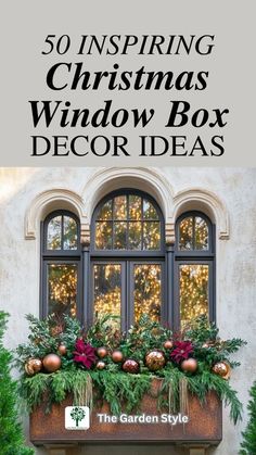 a window box with christmas decorations on it and the words, 50 inspired christmas window box decor