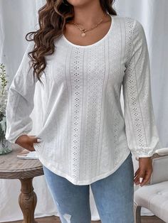 Plus Eyelet Embroidery Lantern Sleeve Tee | SHEIN USA Eyelet Embroidery, T Shirt Diy, Lantern Sleeve, Lantern Sleeves, Trendy Tops, White Casual, Free Clothes, Plus Size T Shirts, Long Sleeve Knit