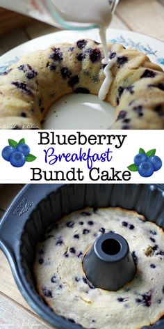 blueberry breakfast bundt cake is being poured into the pan and ready to be eaten