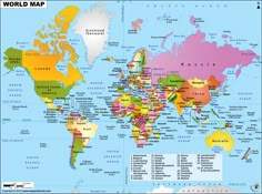 a world map with all the countries and major cities on it's borders, labeled in bright colors