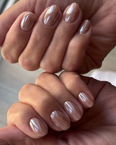 Short Natural Shellac Nails, Nails With Navy Dress, Neutral Nails With Chrome, Taupe Chrome Nails, Tan Chrome Nails, Chrome Nude Nails, Nails Shimmer, Bridesmaids Nails