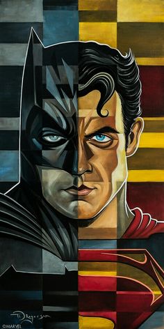 the batman and superman movie characters painted on canvases with different colors, shapes and sizes