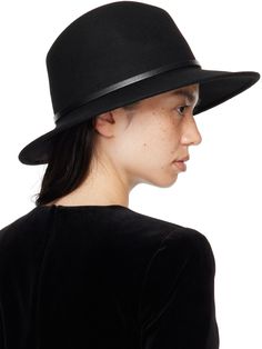 Felted wool fedora in black. · Logo hardware at grained calfskin hat band · Grosgrain browband · Unlined Supplier color: Nero/Nero/Black Classic Leather Felt Hat With Curved Brim, Elegant Leather Brimmed Felt Hat, Elegant Leather Fedora For Fall, Formal Leather Felt Hat With Short Brim, Elegant Leather Felt Hat With Flat Brim, Elegant Leather Felt Hat For Fall, Elegant Leather Hat For Fall, Elegant Brimmed Leather Felt Hat, Classic Leather Wide Brim Felt Hat