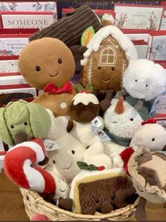 a basket filled with lots of stuffed animals