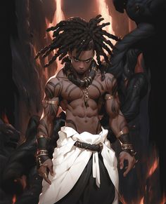 a man with dreadlocks is standing in front of an evil demon and looks like he's coming out of hell