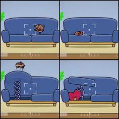 four pictures of a blue couch with a monkey on it's back and the caption that says, i don't know what this is