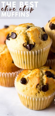 chocolate chip muffins stacked on top of each other with the title above it