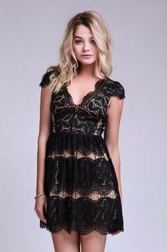 lace dress V-neck Lace Dress With Lace Trim For Night Out, Black Lace Dress With Contrast Lace For Night Out, Black V-neck Lace Dress For Night Out, Black Lace Dress With Lace Bodice For Date Night, Black Lace Dress With Lace Closure, Black Lace Dress With Lace Closure For Night Out, Black Lace Dress With Lace Closure For Summer, Black V-neck Lace Dress With Scalloped Lace, Black V-neck Scalloped Lace Dress