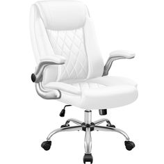 a white office chair with chrome legs and armrests on an isolated white background