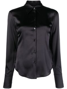 black stretch-silk satin finish classic collar front button fastening long sleeves buttoned cuffs curved hem Chanel Perfume, Christopher Esber, Shirts Black, Front Of House, Stretch Satin, Silk Shirt, Black Stretch, Black Silk, Cute Tops