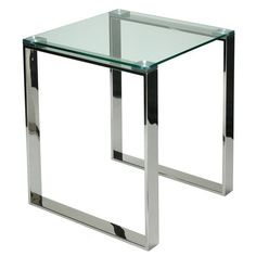 a glass and chrome side table on white background