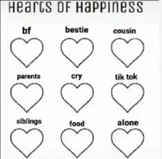 the hearts of happiness are arranged in different shapes and sizes, with words above them