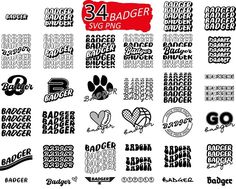 various logos and stickers are shown in black and white, as well as the number four