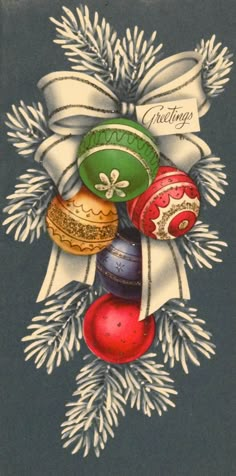 an old fashioned christmas card with ornaments on it