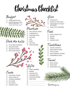 a christmas checklist with red berries and greenery on it, including pine branches