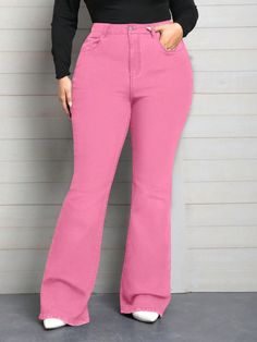 Plus Size Women Pink Skinny High Stretch Flare Jeans Pink    Denim Plain Flare Leg Medium Stretch  Women Plus Clothing, size features are:Bust: ,Length: ,Sleeve Length: Shein Plus Size, Fleece Tights, Grey Colour Suit, Pink Denim, Women Pink, Plus Size Jeans, Kids Beachwear, Color Rosa, Kids Sleepwear