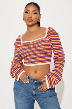 Available In Multi Color. Pullover Sweater Long Sleeve Square Neck Striped Cropped Ribbed Hem Disclaimer: Stripe Placement Will Vary. 100% Cotton Imported | Missy Striped Sweater size Large by Fashion Nova Trendy Fashion Outfits, Color Fashion, Striped Sweater, Sweater Long Sleeve, Matching Dresses, Long Sweaters, Colorful Fashion, Stripe Sweater, Pullover Sweater