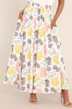 Make a statement with this Never Let You Go Ivory Floral Print Maxi Skirt! With its fun pattern and flirty flare, it's sure to turn a few heads. So grab it and never let it go! This skirt features a high elastic waistband, functional pockets at the hip, and a wide, flowy fit. 55% Linen, 45% Rayon Hand Wash Cold Lined 100% Cotton Imported Model is wearing an x-small. Linen Maxi Skirt, Floral Print Maxi Skirt, Print Maxi Skirt, Let You Go, Printed Maxi Skirts, Floral Print Maxi, Let It Go, Linen Skirt, Printed Linen