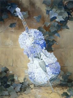 a painting of blue hydrangeas in a glass vase with a violin on it