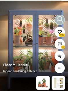 an indoor gardening cabinet with potted plants on the shelves and text that reads elder millenii indoor gardening cabinet