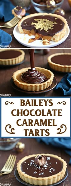 chocolate caramel tarts with text overlay that says bailey's chocolate caramel tarts