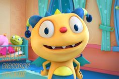 a cartoon character with blue hair and big eyes, wearing a yellow shirt that says happy birthday