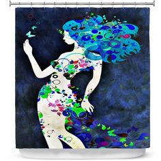 a woman with blue hair and butterflies on her body shower curtain featuring an abstract painting