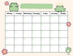 a printable calendar with two frogs sitting on top of it and the words monday, wednesday