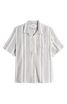 A mixed-stripe print adds visual intrigue to a lightweight camp shirt cut from pure cotton for comfortable wear. 27" length; 40" chest (size Medium) Front button closure Notched collar Short sleeves Chest patch pocket 100% cotton Machine wash, line dry Imported