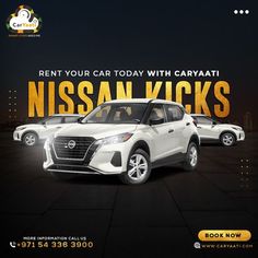 the nissan kicks ad is displayed in front of two white suvs with yellow lettering