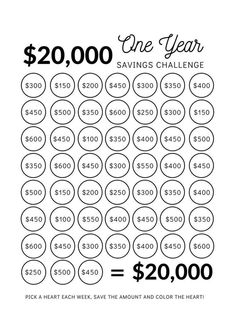 the $ 20, 000 one year savings challenge is shown in black and white on a white background