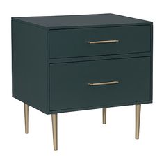 a dark green nightstand with two gold handles