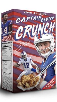 a box with some food on it and a football player holding a plate of food