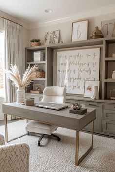 a home office with white furniture and lots of decor on the walls, including a gray desk