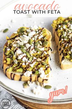 toast with feta and pistachio on top, served on a white plate